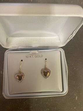 10 KT Gold Heart Drop Earrings with Crystal Accents - Gold